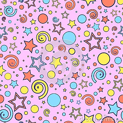 Bright seamless pattern of blue, yellow and orange stars, dots and curls, on a pink background, vector Vector Illustration