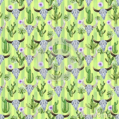 Bright Seamless pattern with cactus, succulent, skull, horns Boho plaid watercolor background.Perfect for wedding,invitation, Stock Photo