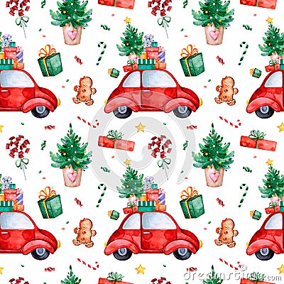 Bright seamless pattern with Christmas tree,candy,red retro car,gift and more Stock Photo