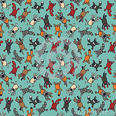 Bright seamless pattern with cute cartoon pets Vector Illustration