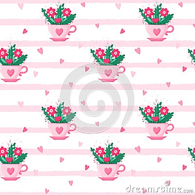 A bright seamless pattern of floral arrangement in a pink tea cup with a heart. A festive, cute, summer bouquet with simple Vector Illustration