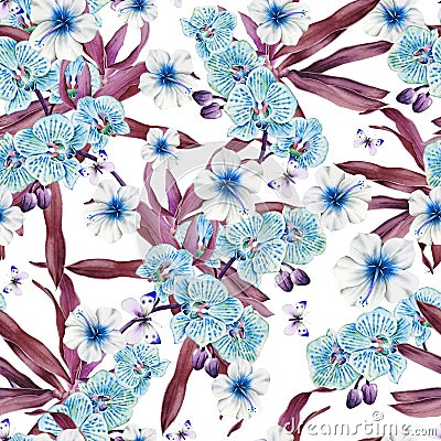 Bright seamless pattern with flowers. Hibiscus. Orchid. Butterfly. Watercolor illustration. Cartoon Illustration