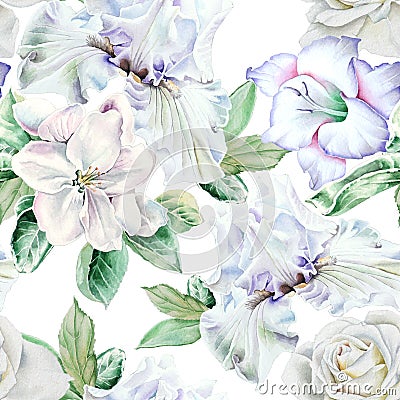 Bright seamless pattern with flowers. Iris. Rose. Gladiolus. Blossom. Watercolor illustration. Hand drawn Cartoon Illustration