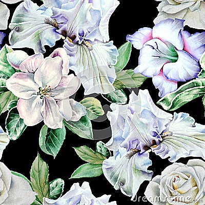 Bright seamless pattern with flowers. Iris. Rose. Gladiolus. Blossom. Watercolor illustration. Hand drawn Cartoon Illustration