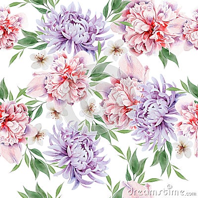 Bright seamless pattern with flowers. Peony. Watercolor illustration. Hand drawn Cartoon Illustration