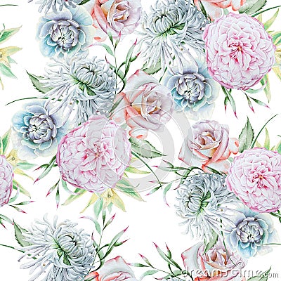 Bright seamless pattern with flowers. Rose. Chrysanthemum. Peony. Watercolor illustration. Cartoon Illustration