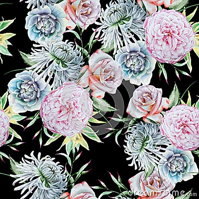 Bright seamless pattern with flowers. Rose. Chrysanthemum. Peony. Watercolor illustration. Cartoon Illustration