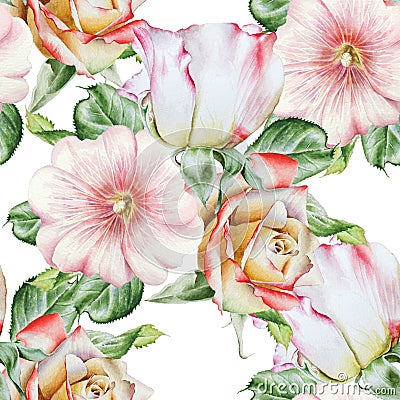 Bright seamless pattern with flowers. Rose. Mallow. Watercolor illustration. Cartoon Illustration