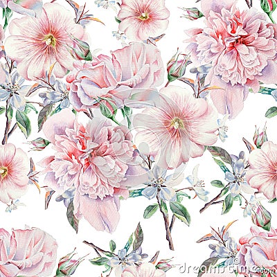 Bright seamless pattern with flowers. Rose. Peony. Mallow. Watercolor illustration. Cartoon Illustration
