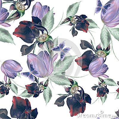 Bright seamless pattern with flowers. Rose. Tulip. Butterfly. Watercolor illustration. Hand drawn Cartoon Illustration