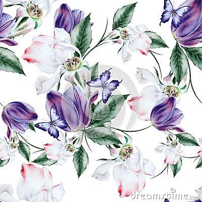Bright seamless pattern with flowers. Rose. Tulip. Butterfly. Watercolor illustration. Hand drawn Cartoon Illustration