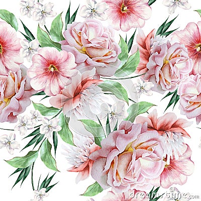 Bright seamless pattern with flowers. Rose. Watercolor illustration. Hand drawn Cartoon Illustration