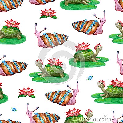 Bright seamless pattern with funny cartoon animals. Hand-drawn watercolor turtles and snails with flowers. White background for Stock Photo