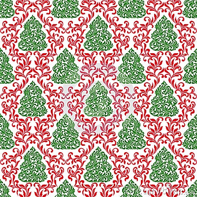 Bright seamless pattern. Green Christmas tree and elegant vintage tracery with curls Vector Illustration