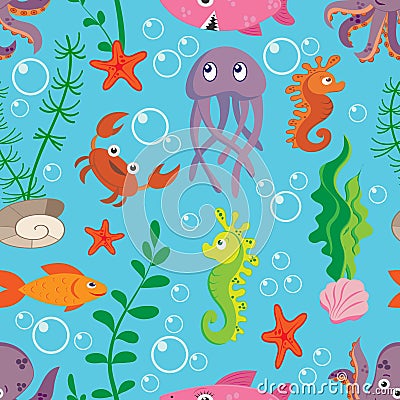 Bright seamless pattern with marine life: jellyfish, crab, fish, octopus , shark on blue background Vector Illustration