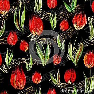 Bright seamless pattern with oil painted red tulip flowers end gold notes on black background. Stock Photo