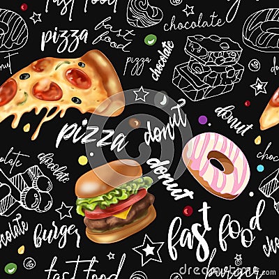 Bright seamless pattern pepperoni pizza, burgers, chocolate, donut, lettering. Chalk board. No Diet Day. Trendy graphic Cartoon Illustration