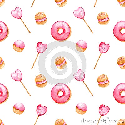 Bright seamless pattern with pink donuts, lollipops and strawberry profiteroles Cartoon Illustration