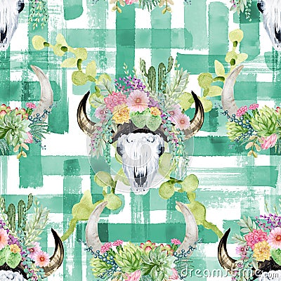 Bright Seamless pattern with plant desert cactus, succulent, skull bull,horns Boho watercolor background.Perfect for wedding, Stock Photo