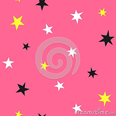 Bright seamless pattern with randomly scattered stars. Girly print. Vector Illustration