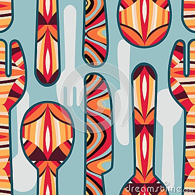 Bright seamless pattern with spoons, knives and forks Vector Illustration