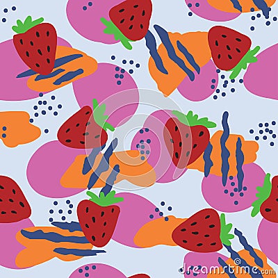 Bright seamless pattern with strawberries, lines, dots and dots. Vector Illustration