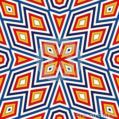 Bright seamless pattern with symmetric geometric ornament. Colorful abstract background. Ethnic and tribal motifs. Vector Illustration