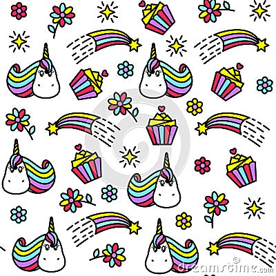 Bright seamless pattern with unicorn, cupcake, rainbow and flowers. Vector Illustration
