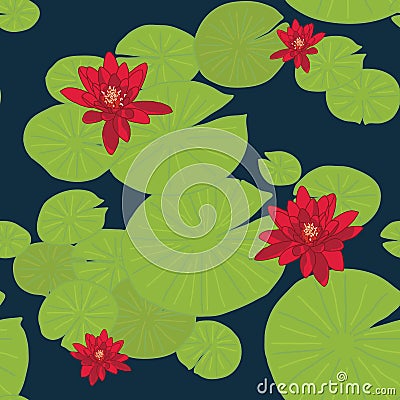 Bright seamless pattern with water lilies (or lotuses). Vector Illustration