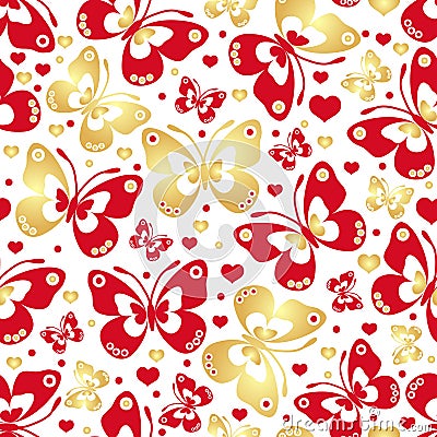 Bright seamless spring pattern with red and gold butterflies and hearts Vector Illustration