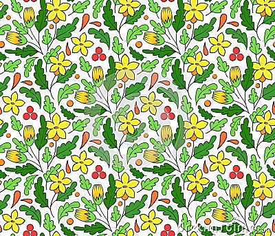 Bright seamless summer pattern, simple beautiful floral print. Yellow with orange flowers, green leaves, white background Vector Illustration