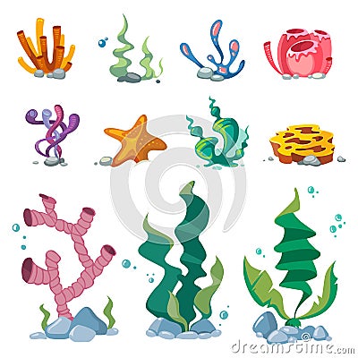 Bright seaweeds aquarium decoration cartoon vector set isolated on white background Vector Illustration