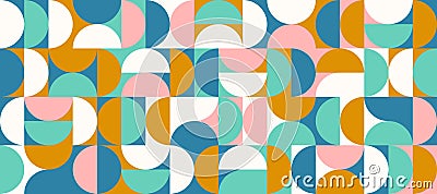 Bright semicircles seamless pattern. Abstract geometric half circles in squares repeating background. Color Swiss Vector Illustration