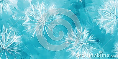 A bright, serene blue background featuring abstract dandelion-like patterns floating in the design. Stock Photo