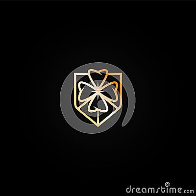 Bright shiny golden casino logo icon with four leaf clover. Vector Illustration
