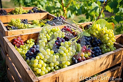 bright shot of harvested organic grapes in crates Stock Photo