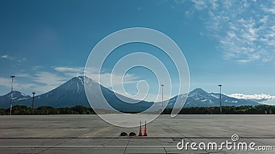 Bright signal signs are installed on the concrete runway of the airport. Stock Photo