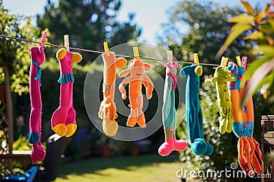 bright sock puppets hanging on a clothesline outdoors Stock Photo