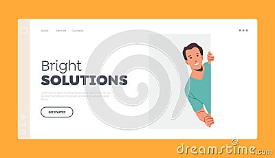 Bright Solutions Landing Page Template. Young Smiling Curious Male Character Peeking From Behind Wall with Rectangle Vector Illustration