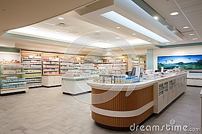 Bright spacious interior of a modern pharmacy with product displays Stock Photo