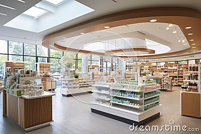 Bright spacious interior of a modern pharmacy with product displays Stock Photo