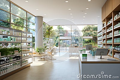 Bright spacious interior of a modern pharmacy with product displays Stock Photo