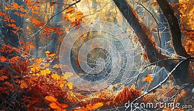 Bright spider web glistens with dewdrops in the autumn forest generated Stock Photo