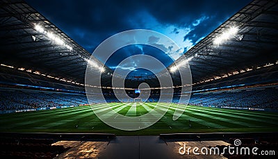 Bright spotlight illuminates large empty soccer field at night generated by AI Stock Photo