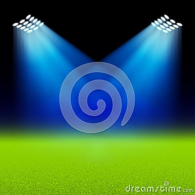 Bright spotlights illuminated green field stadium Vector Illustration