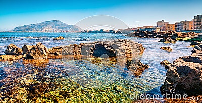 Bright spring cityscape of Trapany town, Sicily, Italy, Europe. Calm morning sescape of Mediterranean sea. Traveling concept backg Stock Photo