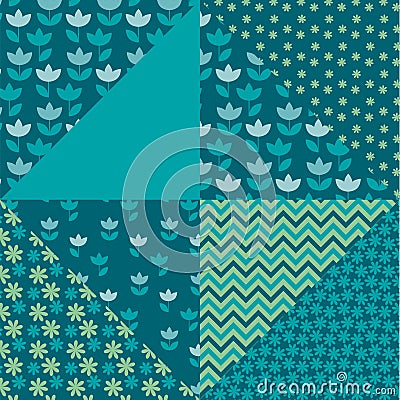 Bright spring color tulip flower and geometry motif patchwork. Vector Illustration
