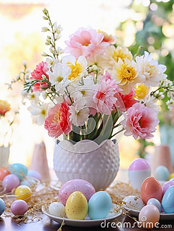 Bright Spring Flowers in Vase with Easter Eggs, Festive Table Decoration Stock Photo