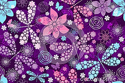 Bright spring purple seamless pattern with stylized dragonflies and butterflies Stock Photo