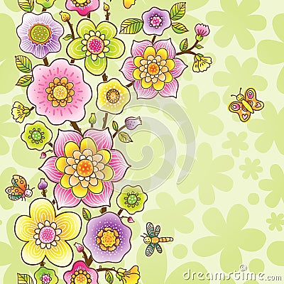 Bright spring seamless border with flowers. Vector Illustration